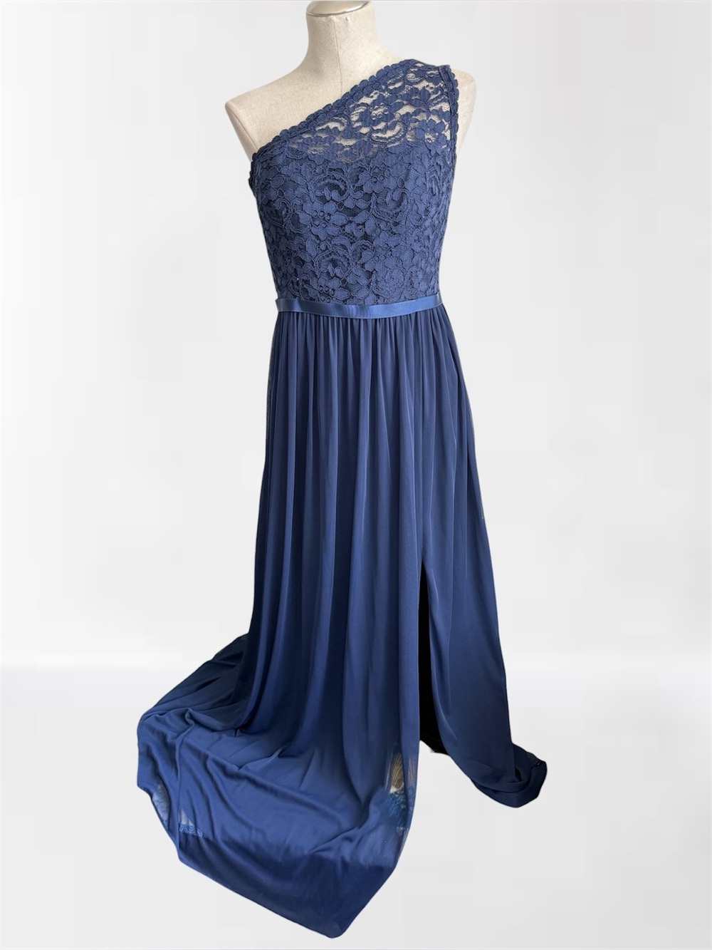 David’s Bridal One Shoulder Lace Bridesmaid Gown | Navy | Size 14